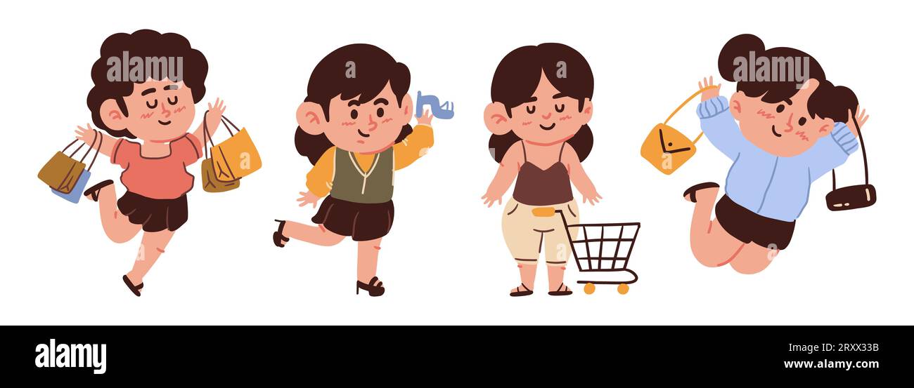 Filles et concept de shopping . Ensemble de personnages de dessins animés mignons. Style dessiné à la main. Blanc isoler le fond . Vecteur . Illustration de Vecteur