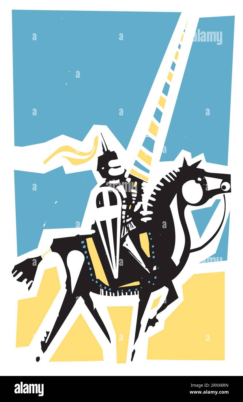 Style de gravure sur bois médiéval d'un chevalier jouteur sur cheval Illustration de Vecteur