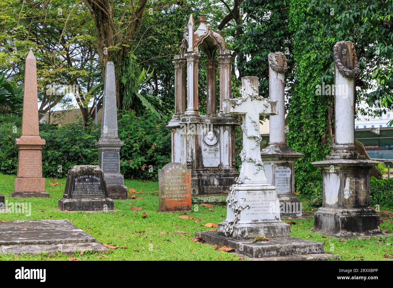 Pierres tombales du cimetière à fort Canning Park, Singapour Banque D'Images