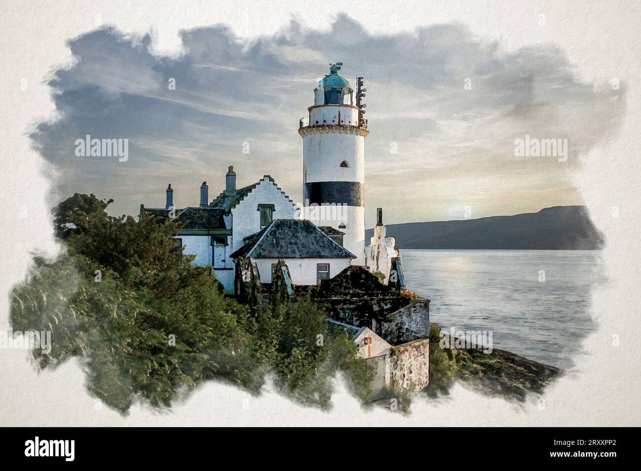 Un effet aquarelle numérique du phare de Cloch au coucher du soleil Banque D'Images