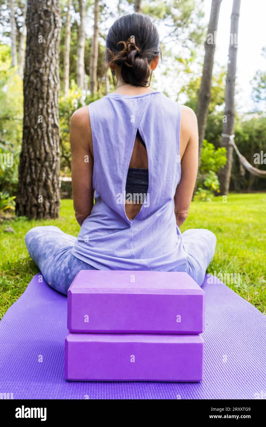 Vue arrière d'une femme en sportswear assise sur son tapis de yoga. Tir vertical Banque D'Images