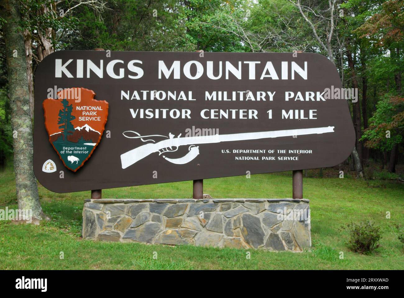 Photo du panneau du parc militaire national de Kings Mountain, Caroline du Sud, États-Unis. Banque D'Images
