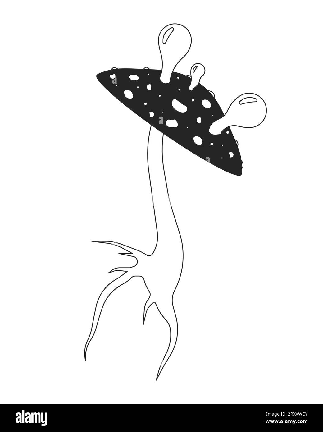 Champignon psychédélique amanita noir et blanc objet de dessin animé en ligne 2D. Illustration de Vecteur