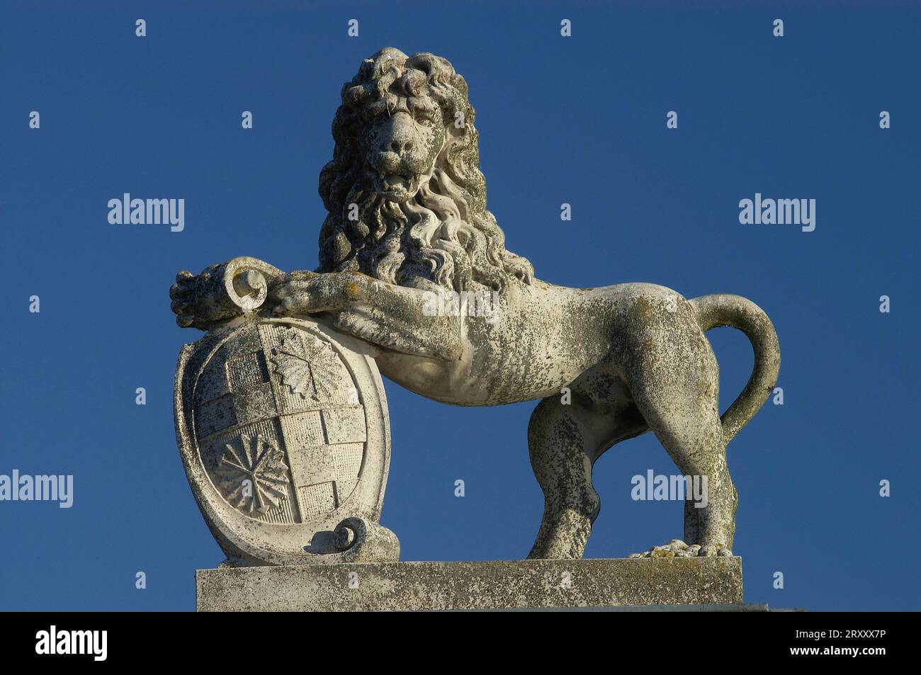 Sculpture de lion, Versailles Westphalien, Château de douves Nordkirchen, Rhénanie du Nord-Westphalie, sculpture de lion, Château baroque à douves Nordkirchen Banque D'Images