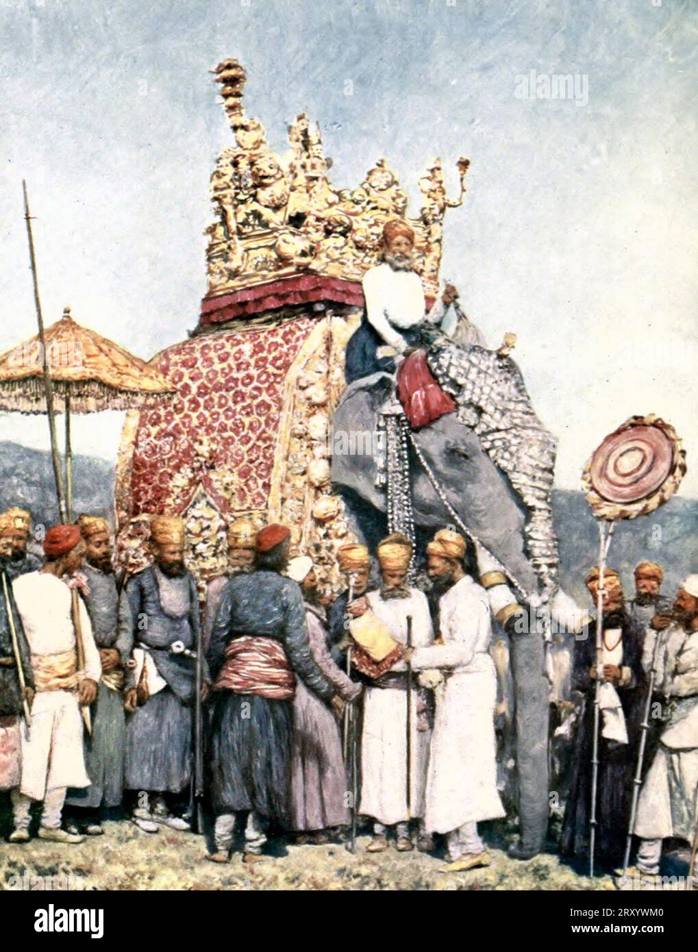 Un éléphant et des vassaux de Bikanir - le jhool sur cet éléphant et la broderie sur le velours vaut une rançon du roi - Inde 1903 Banque D'Images