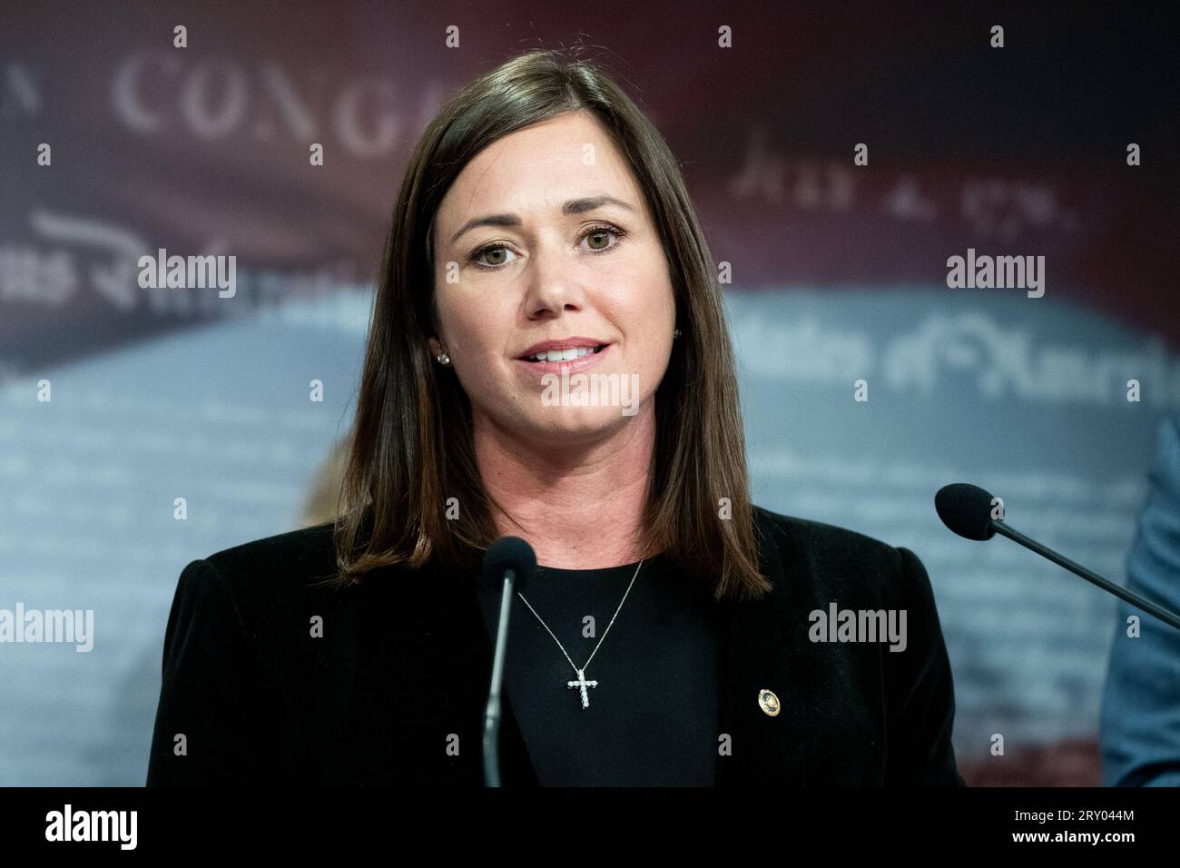 La sénatrice américaine Katie Britt (R-AL) parlant de la frontière sud lors d'une conférence de presse organisée par le Sénat républicain au Capitole des États-Unis. (Photo de Michael Brochstein/Sipa USA) Banque D'Images