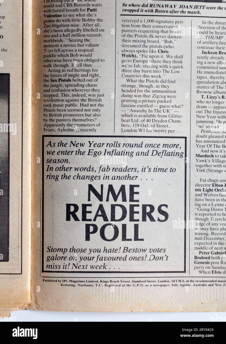 Publicité pour le NME Readers Poll dans le numéro des années 1970 de NME New musical Express Music Paper Banque D'Images