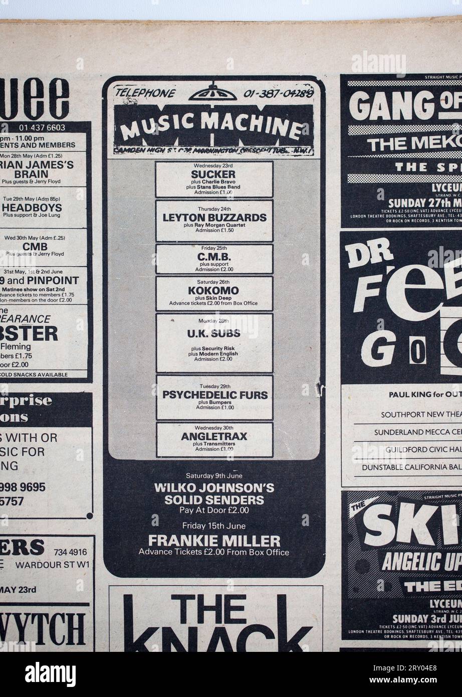 Publicité de concert dans les années 1970 copie de SOUNDS Music Paper Banque D'Images