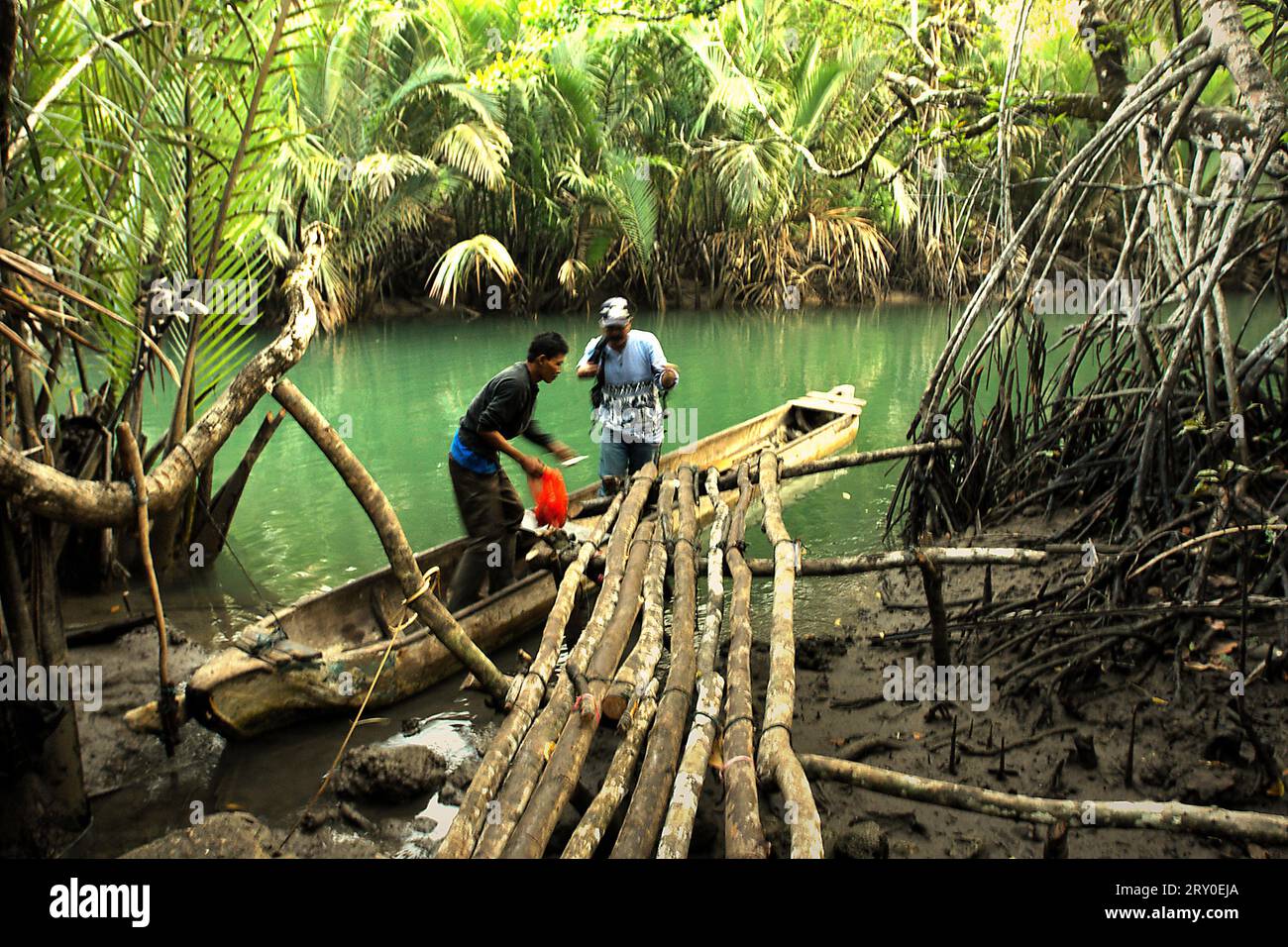 Les rangers du parc national se tiennent sur des bateaux, qui sont garés sur la rive de la rivière Cigenter, sur l'île Handeuleum, une partie du parc national d'Ujung Kulon à Pandeglang, Banten, Indonésie. Un parc national bien géré a une stratégie compétente et appropriée pour prévenir la perte de biodiversité et le changement climatique, et améliorer la société locale tout en maintenant le fonctionnement essentiel de l'écosystème, dont dépend l'humanité dans le monde entier, selon les scientifiques. Cependant, de grandes zones de parcs nationaux ont été placées sous une protection stricte pour la conservation de la biodiversité et l'intégrité des écosystèmes, qui... Banque D'Images