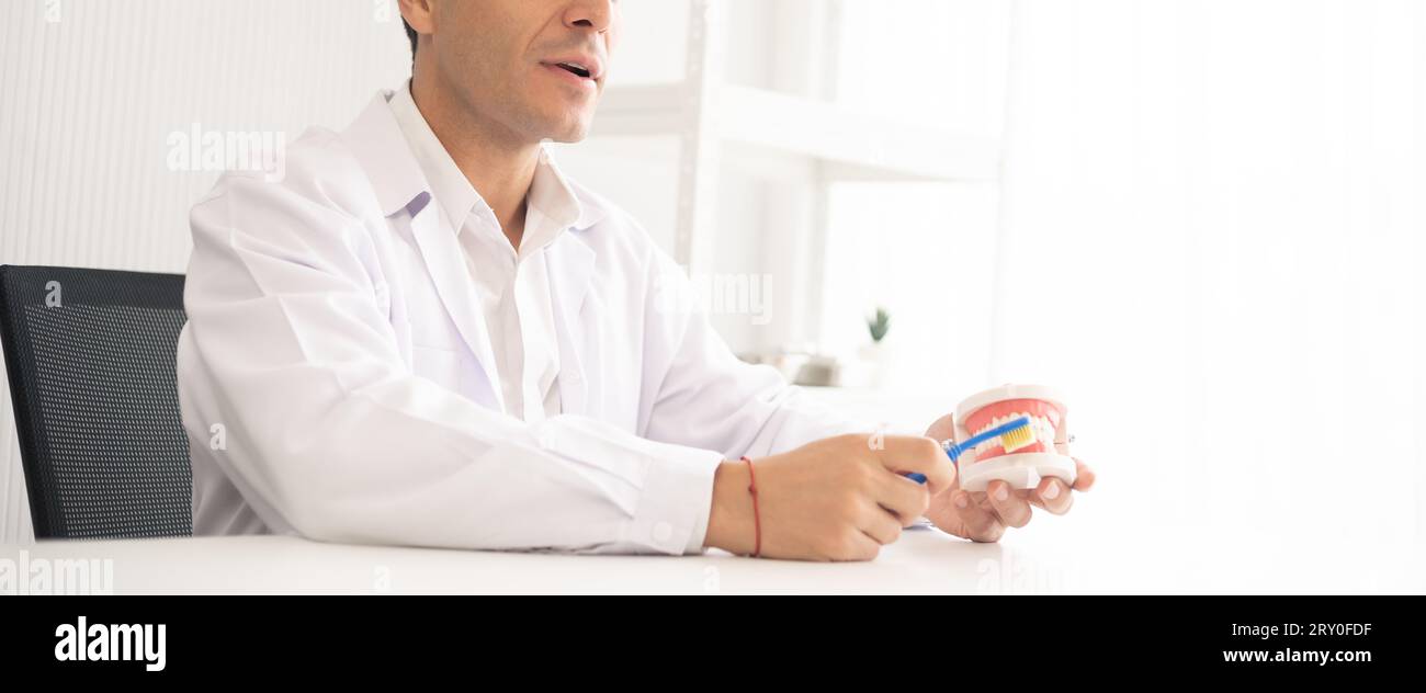 Dentiste hispanique expliquant au patient sur les dents et comment brosser avec le modèle de dents dentaires. Le concept clinique de traitement et de santé avec Copy spa Banque D'Images