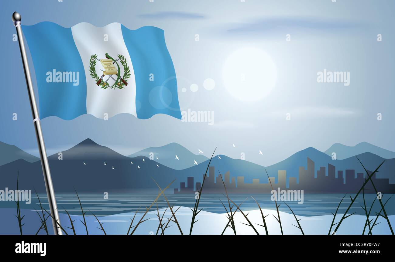 Drapeau du Guatemala avec fond de soleil de montagnes et de lacs Illustration de Vecteur