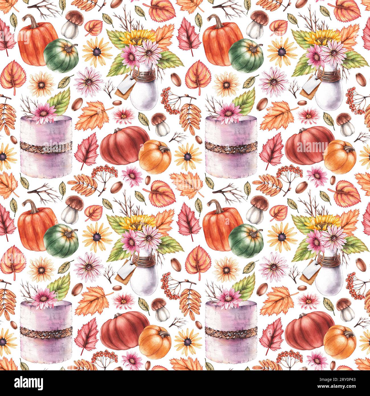 Motif d'automne aquarelle avec des fleurs, des citrouilles, des desserts sur un fond blanc. Modèle sans couture d'automne pour la conception de textiles, tissus, papier peint, Banque D'Images