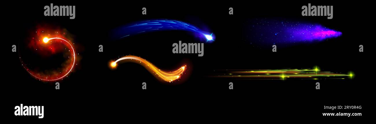 Traînée de feu de fusée ou de comète et effet vecteur de flamme. Conception d'interface utilisateur de jeu de vitesse de moteur de jet vfx 3D. Explosion de boule de feu rouge dans l'illustration de ciel nocturne sombre. Missile magique néon abstrait tombant avec un éclat bleu Illustration de Vecteur