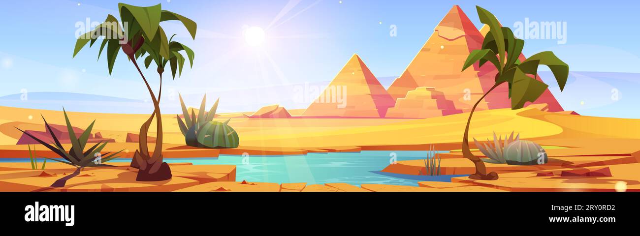 Paysage désertique égyptien avec lac et palmiers en oasis sur sable. Illustration vectorielle de dessin animé de l'étang d'eau et des plantes vertes au milieu de dune et pyramides. Paysage estival ensoleillé de savane. Illustration de Vecteur