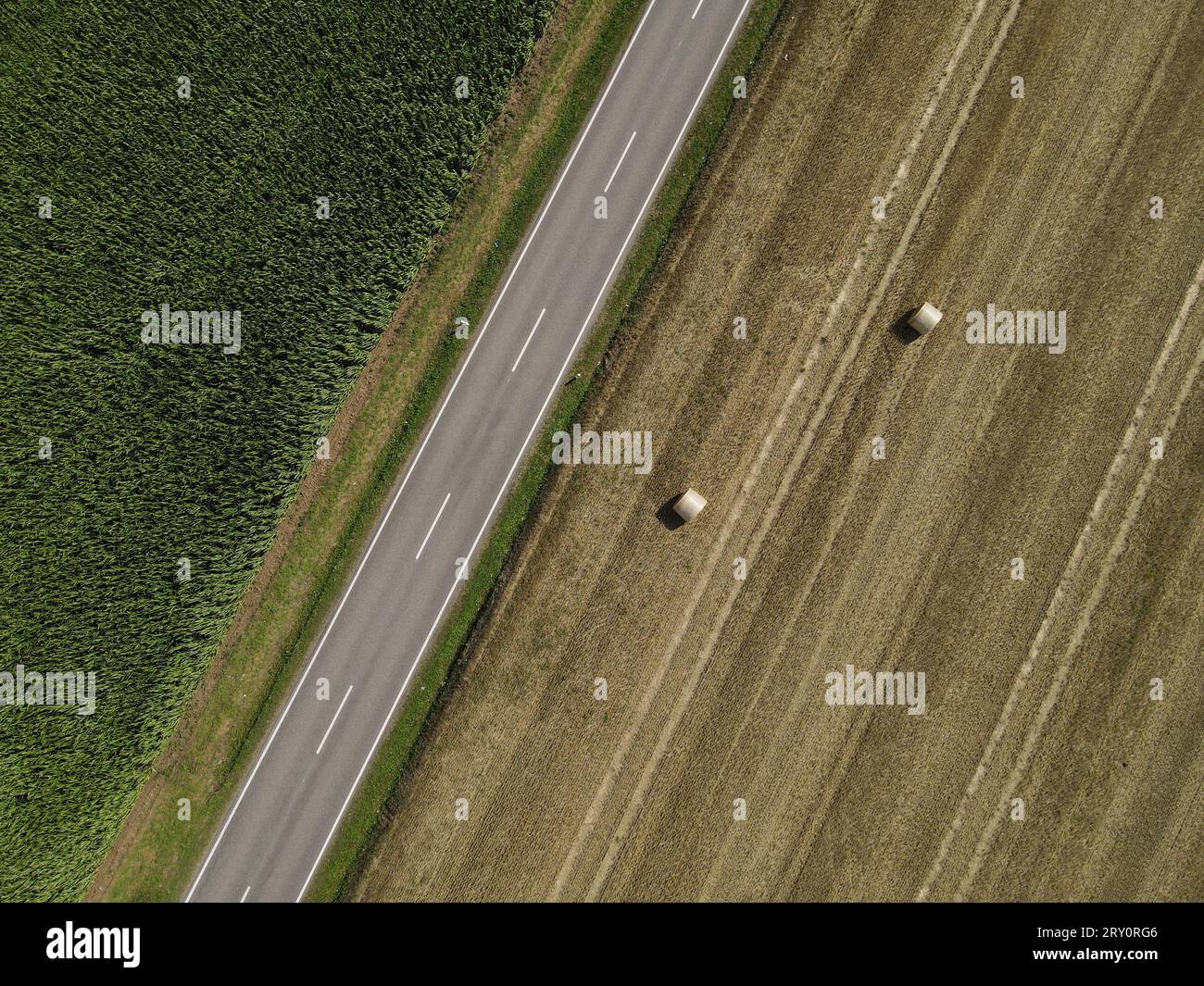 Vue de dessus d'une route dans le paysage entre un champ de maïs et un champ d'herbe avec des balles de foin Banque D'Images