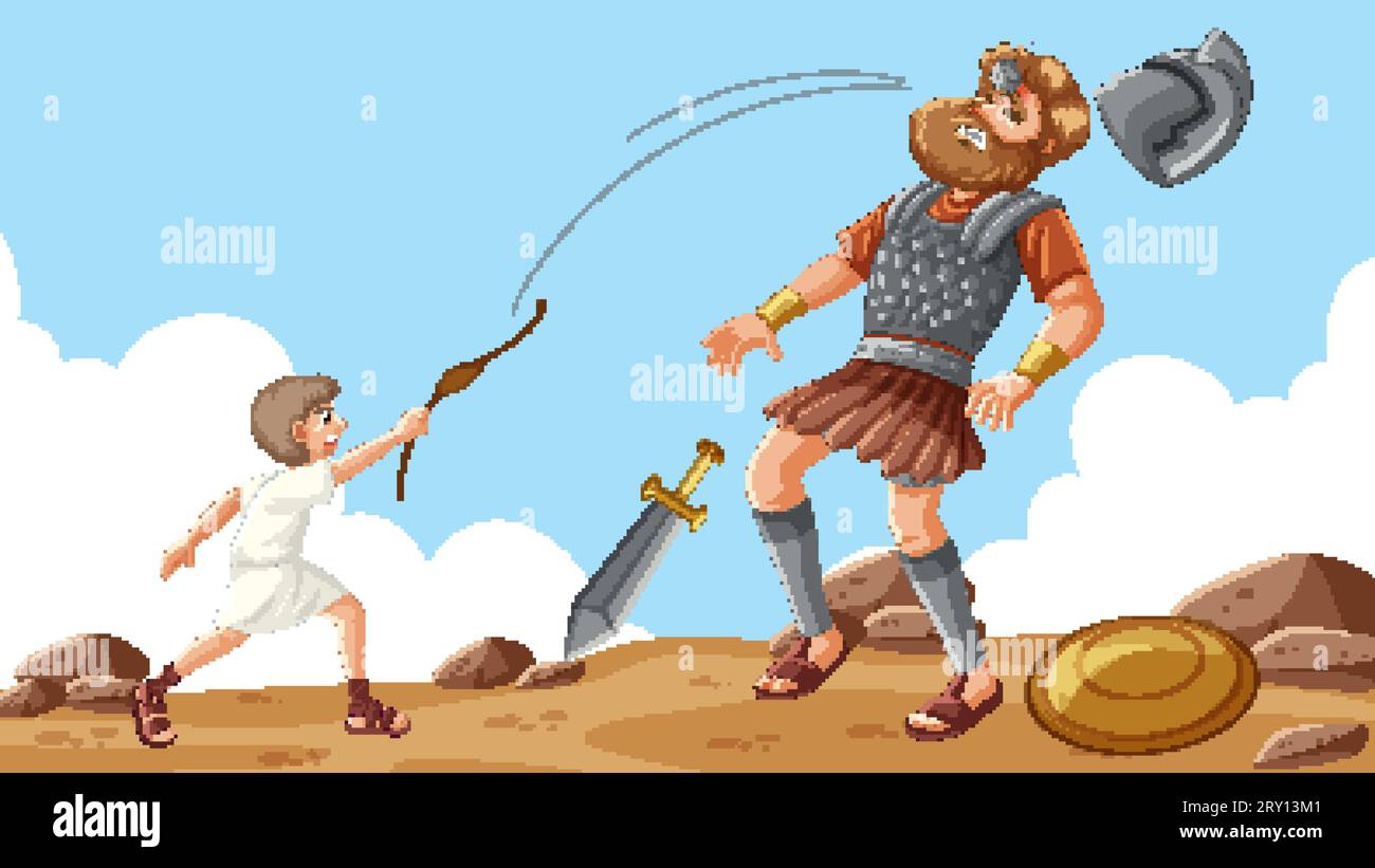 La victoire de David sur Goliath en utilisant une pierre de sa fronde Illustration de Vecteur