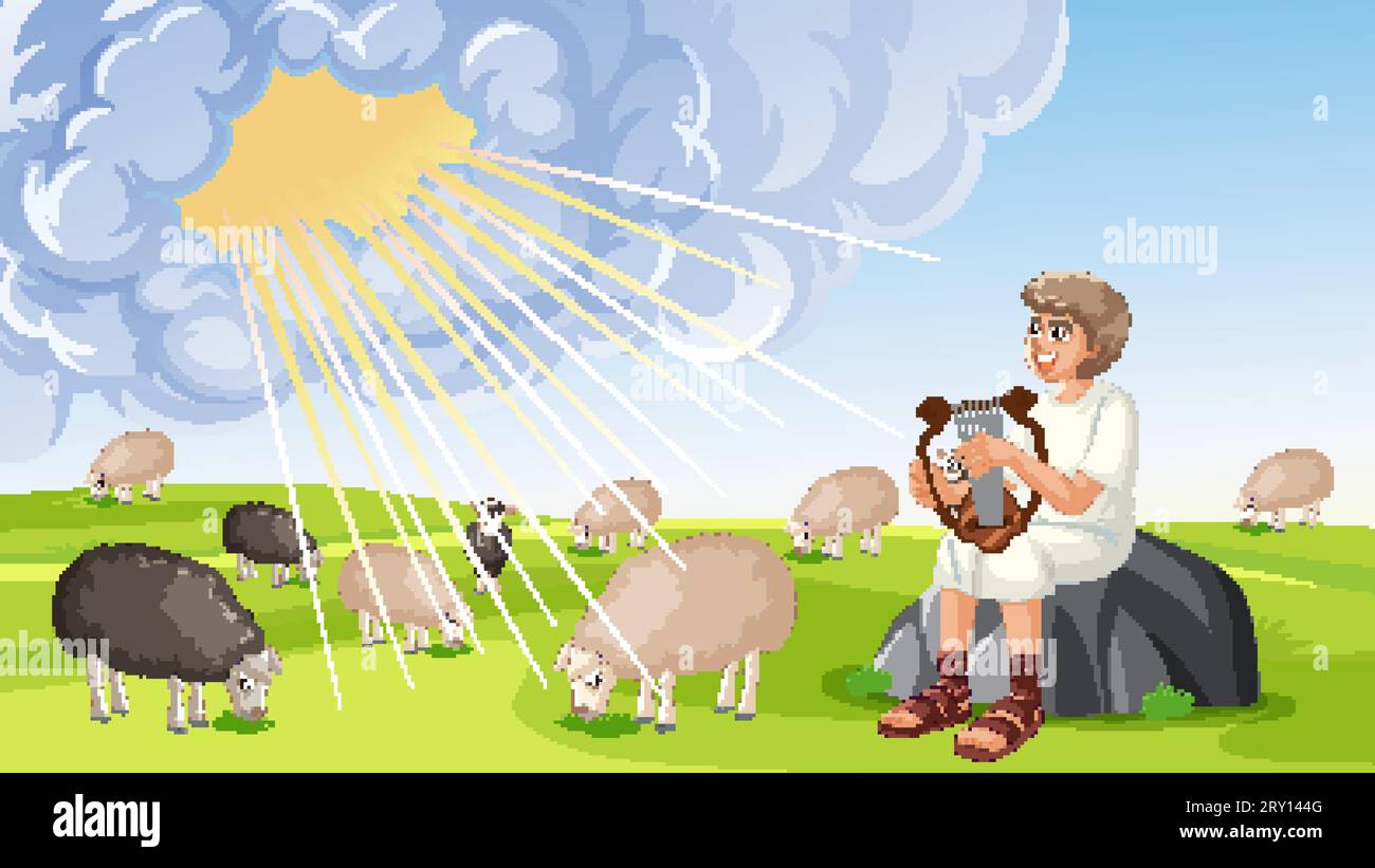 Une illustration fantaisiste de David jouant de la lyre avec une lumière houx magique Illustration de Vecteur