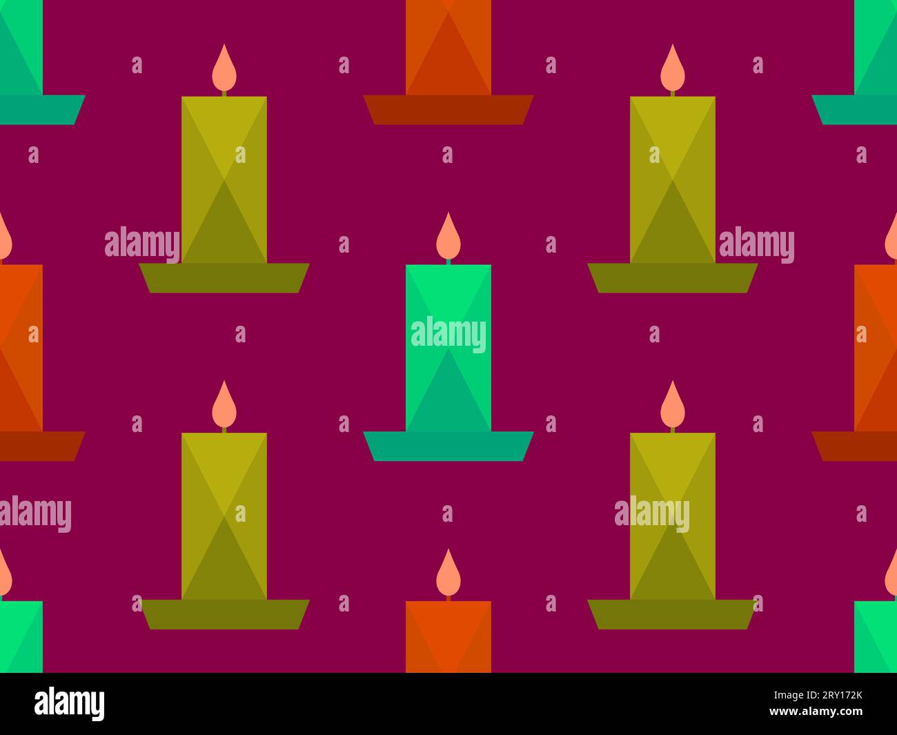 Motif sans couture de bougies. Bougies allumées multicolores sur une soucoupe sur fond rouge. Motif de Noël avec des bougies. Conception de Noël pour papier peint, po Illustration de Vecteur