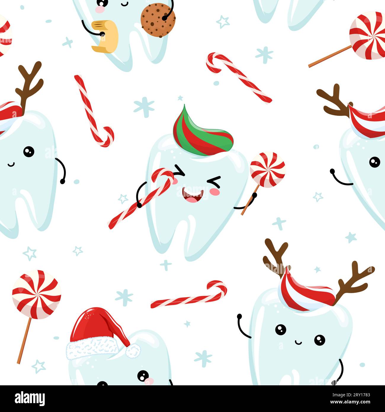 Motif de Noël sorcière mignon molaires dents - drôle doodle dessiné à la main, motif sans couture. Design graphique textile d'affiche ou de t-shirt de designer. Papier peint, wr Illustration de Vecteur