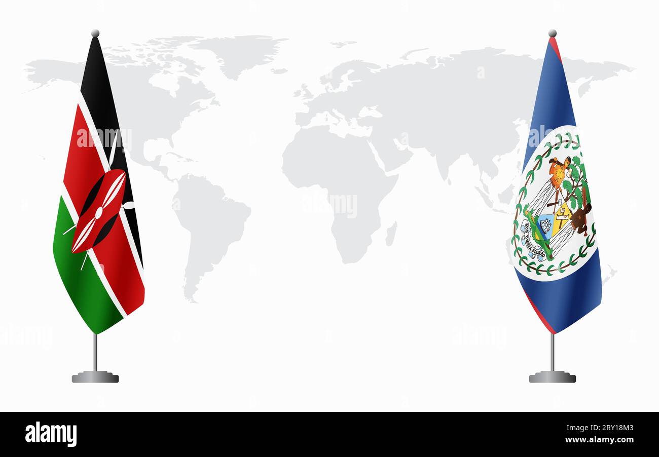 Drapeaux du Kenya et du Belize pour la réunion officielle sur fond de carte du monde. Illustration de Vecteur