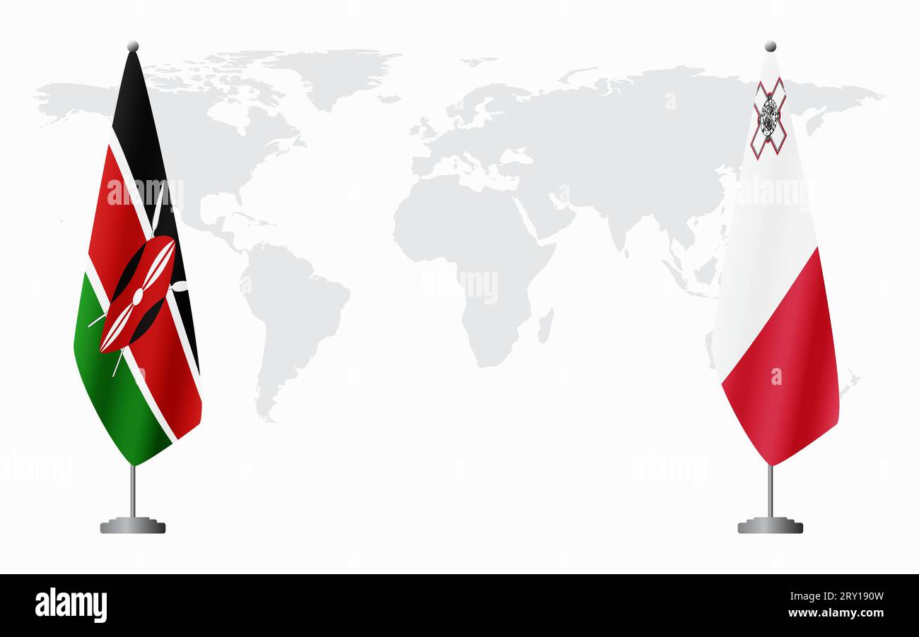 Drapeaux du Kenya et de Malte pour la réunion officielle sur fond de carte du monde. Illustration de Vecteur