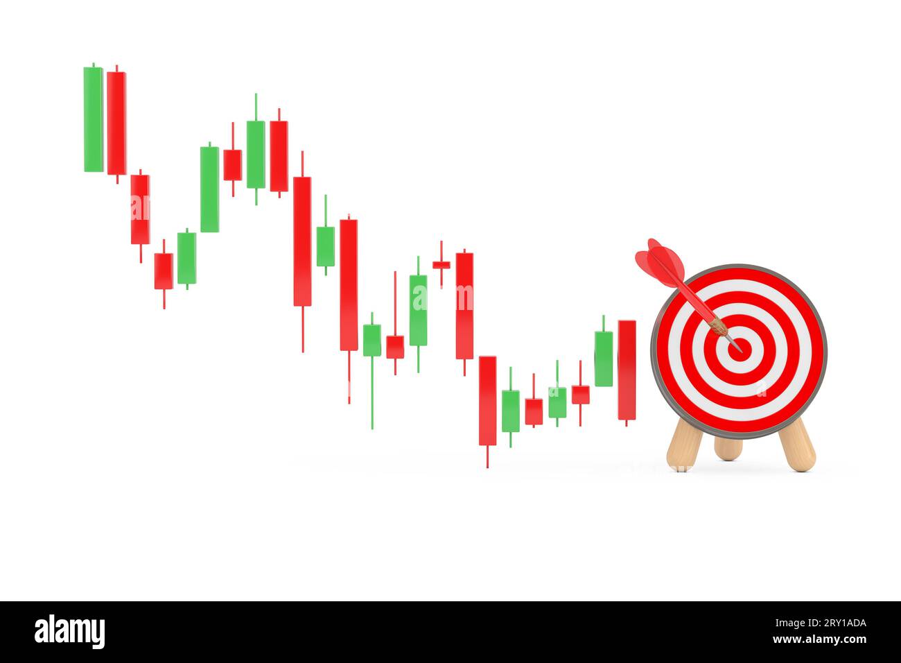 Graphique de motif de chandeliers financiers de trading vert et rouge avec cible de tir à l'arc et fléchette au centre sur un fond blanc. Rendu 3D. Banque D'Images