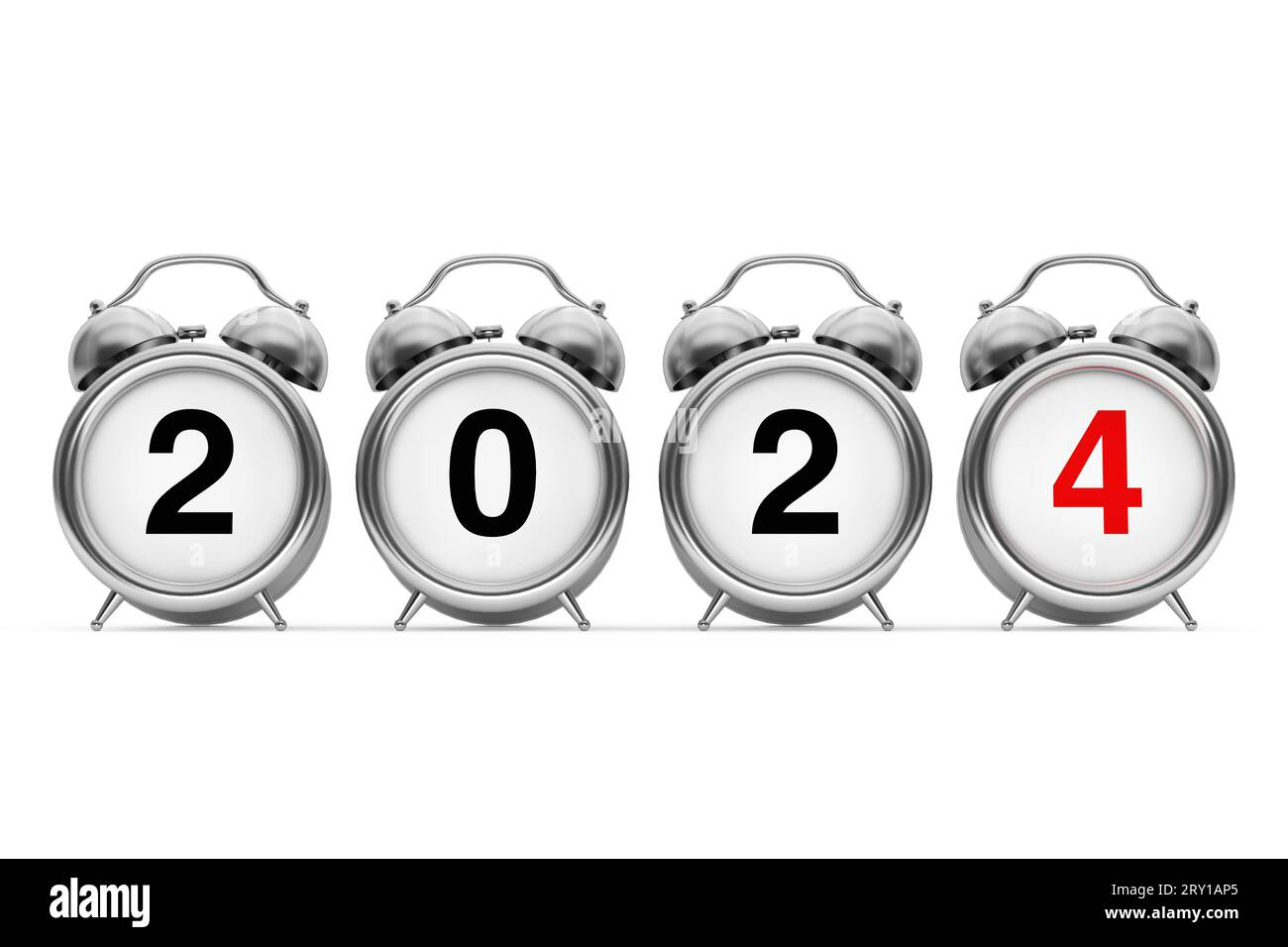 Nouvel an et concept de Joyeux Noël. Réveil avec signe du nouvel an 2024 sur fond blanc. Rendu 