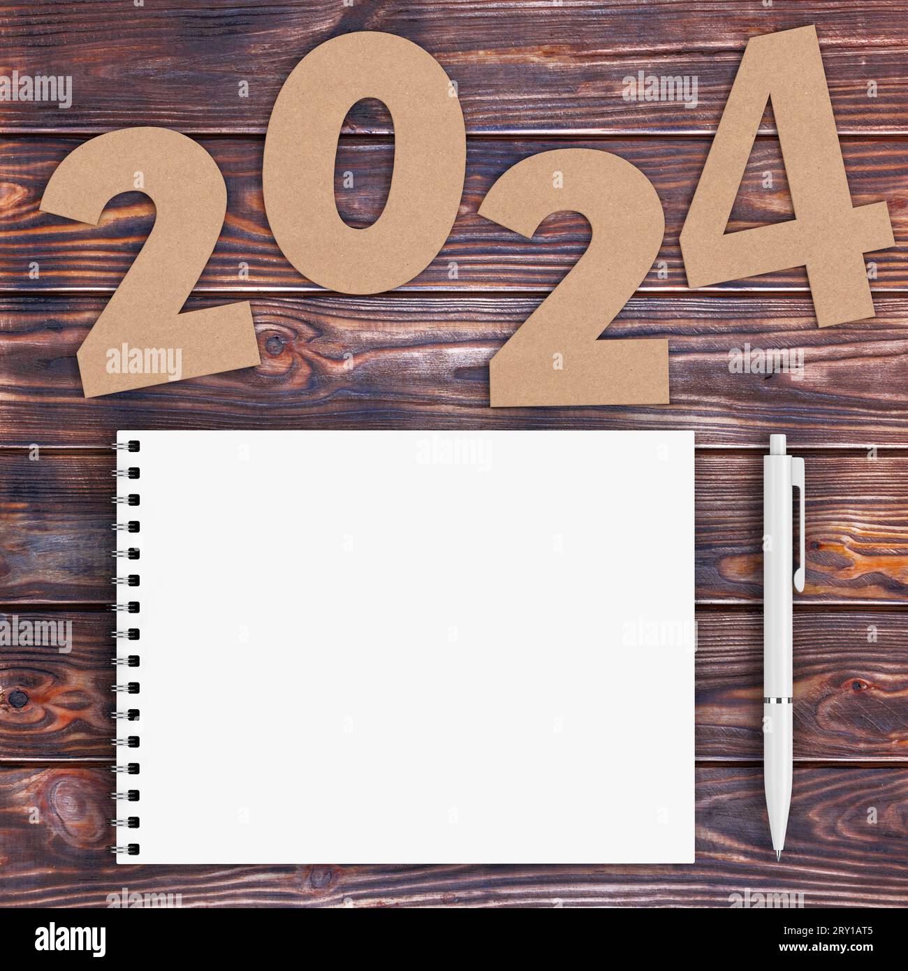 Numéros de papier cartonné 2024 Happy New Year Sign Near White Spiral Paper Cover Notebook avec stylo sur fond de table en bois. Rendu 3D. Banque D'Images