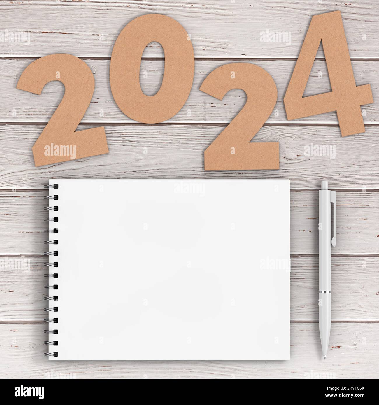 Numéros de papier cartonné 2024 Happy New Year Sign Near White Spiral Paper Cover Notebook avec stylo sur fond de table en bois. Rendu 3D. Banque D'Images