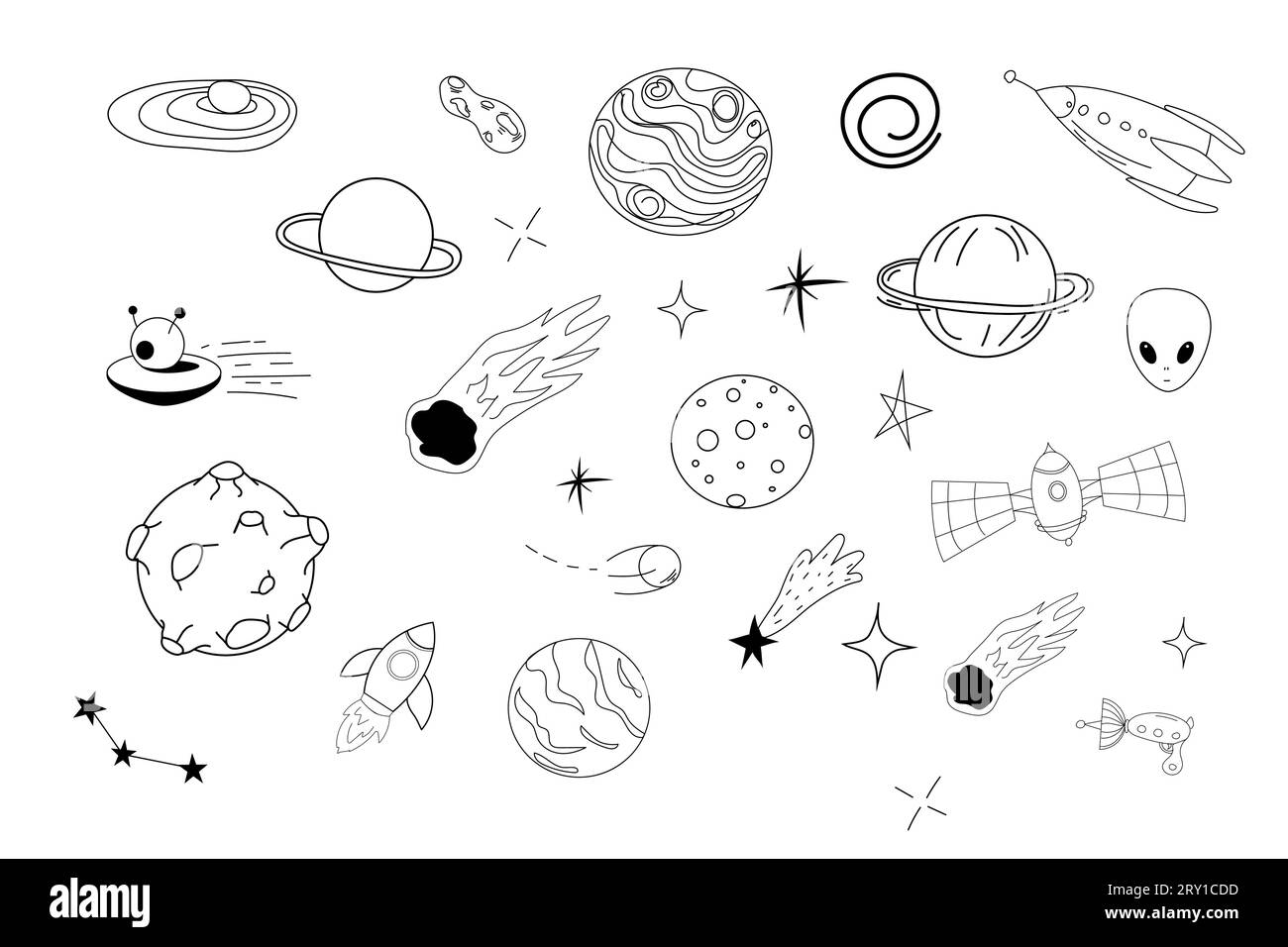 Définir des éléments spatiaux ufo vaisseau spatial, fusée, satellite, étoiles et planètes dans le style doodle isolé. Collection dessinée à la main . Illustration vectorielle Illustration de Vecteur