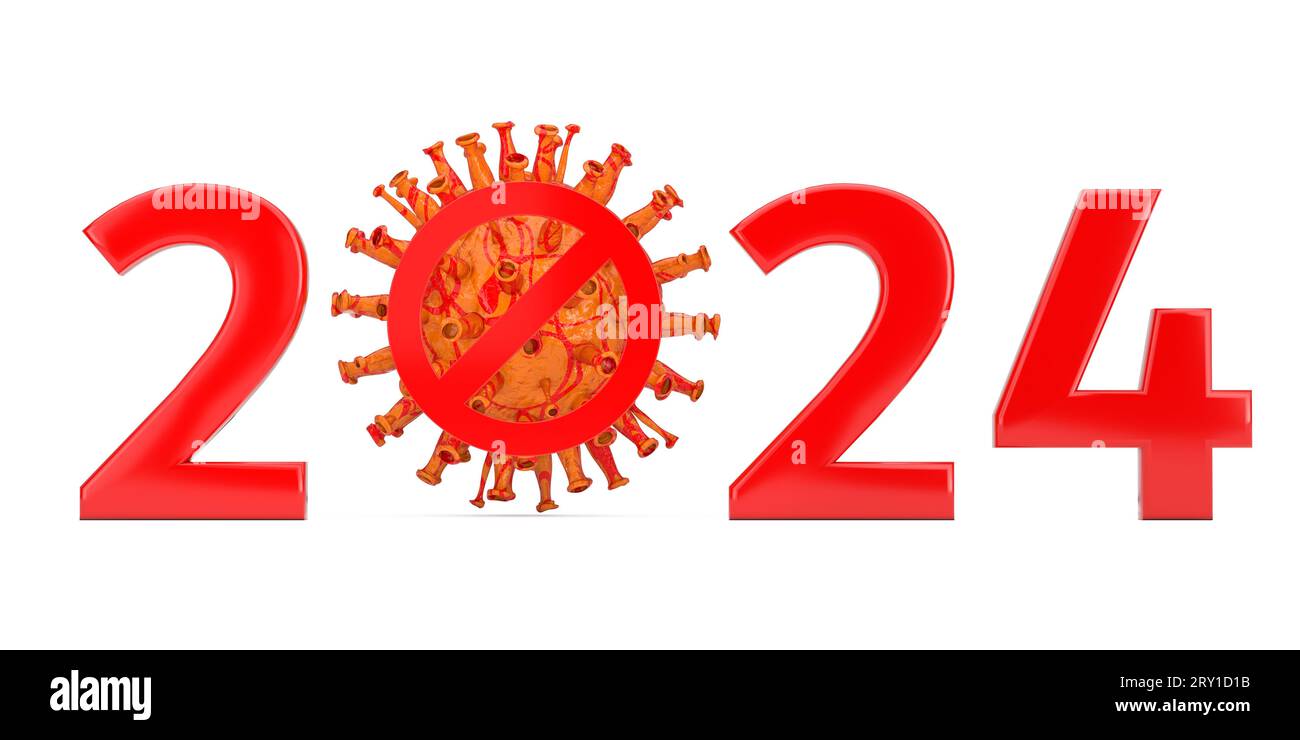 Arrêtez Corona virus 2019-nCoV dans le concept de l'année 2023. Virus avec prohibition et signes de 2024 ans sur fond blanc. Rendu 3D. Banque D'Images