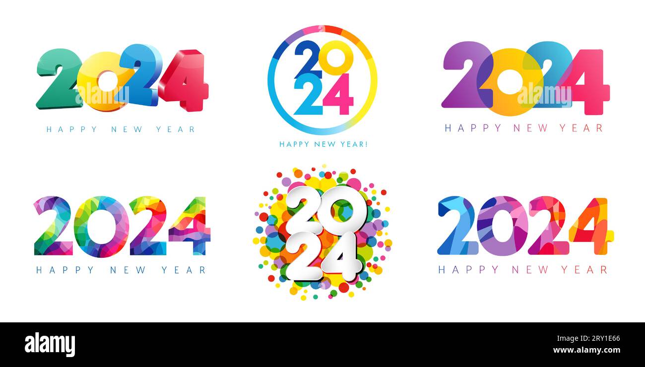 2024 grand ensemble coloré de conception de logo Happy New Year. 3D, vitrail, bulles multicolores, aquarelle, facette illustration vectorielle de numéro en couleur Illustration de Vecteur