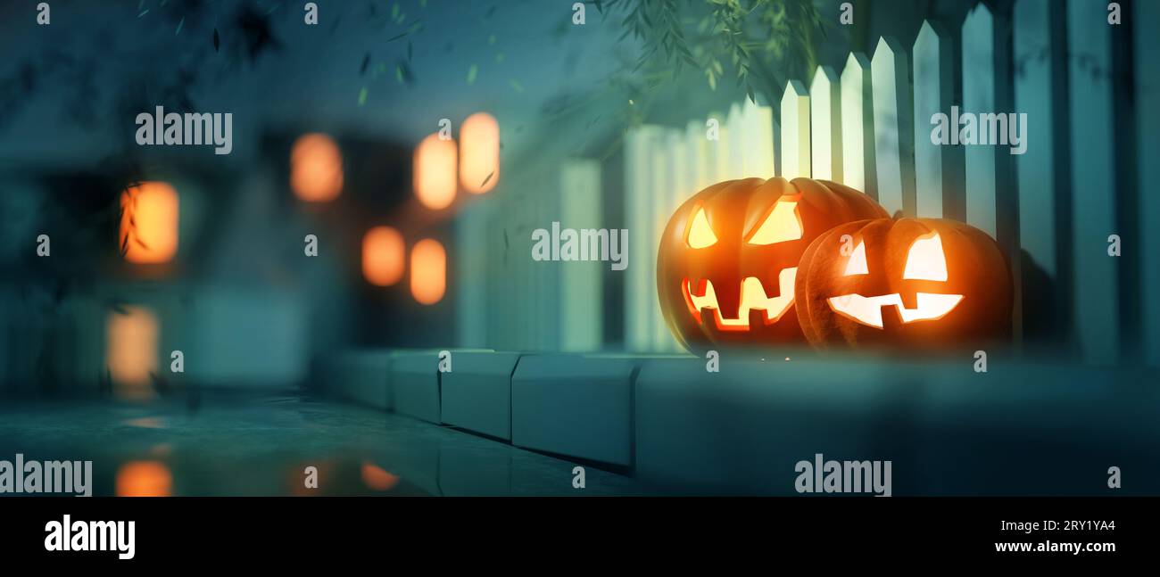 Bougie lumineuse Jack O Lantern Halloween décorations de citrouille à l'extérieur sur un trottoir de rue. Illustration 3D. Banque D'Images