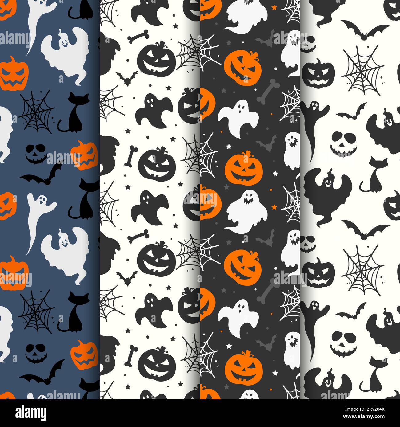 Halloween Seamless motifs illustration de collection de fond avec des fantômes chats chauves-souris citrouilles et toiles d'araignée Illustration de Vecteur