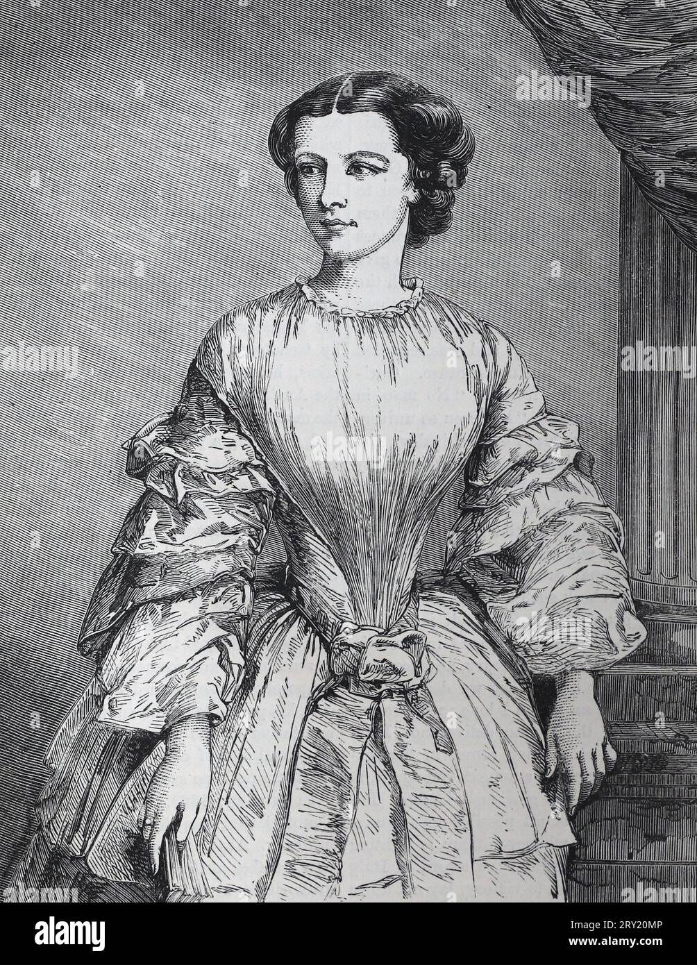 Portrait de Maria Sophie Amalie, duchesse en Bavière (1841 – 1925) fut la dernière reine consort du Royaume des deux-Siciles. Illustration en noir et blanc Banque D'Images