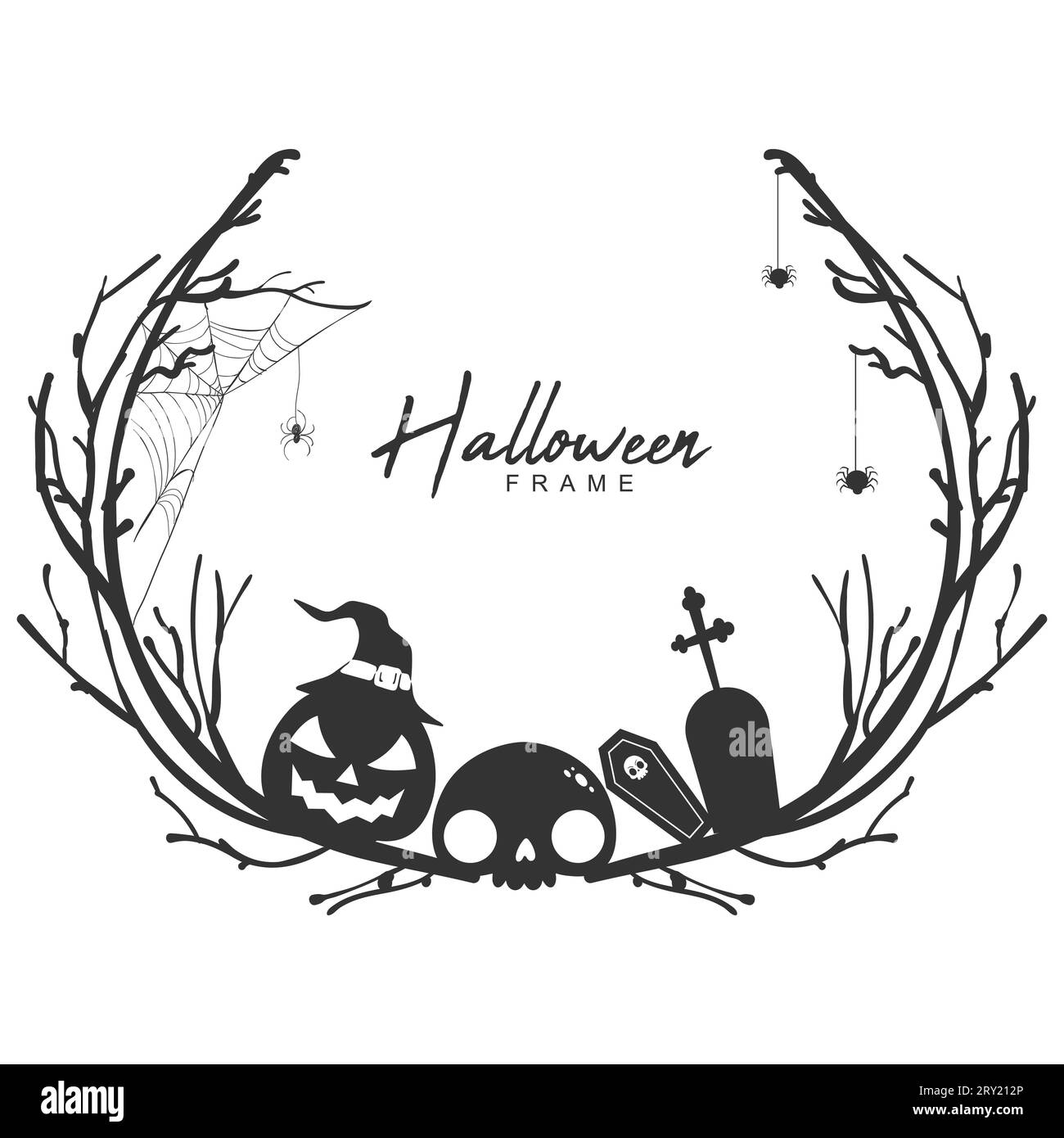 concept de cadre circulaire noir et blanc halloween avec branches d'arbre et chapeau de sorcière Illustration de Vecteur