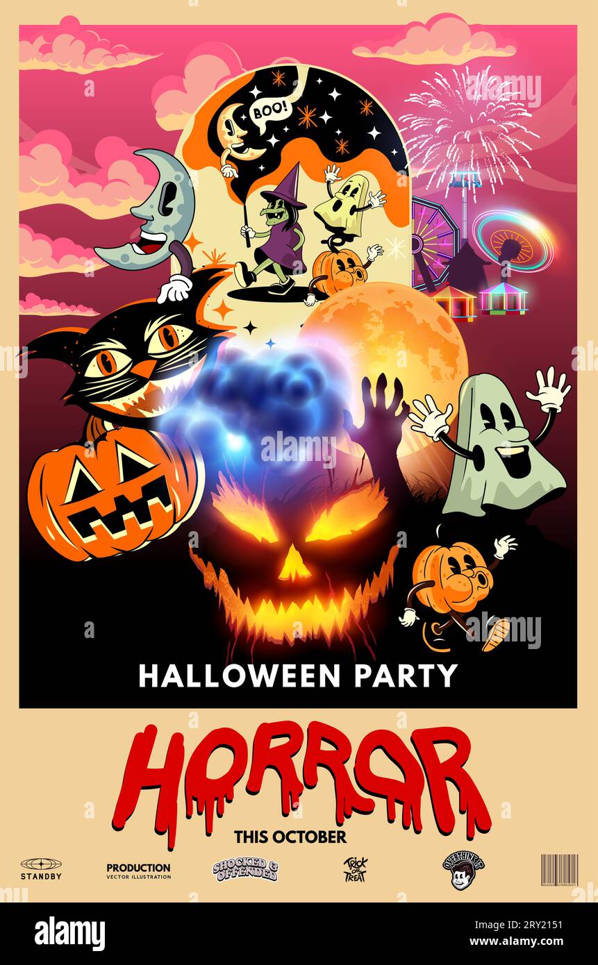 Fond d'affiche de style film halloween joyeux avec des éléments de design décoratifs effrayants! Illustration vectorielle Illustration de Vecteur