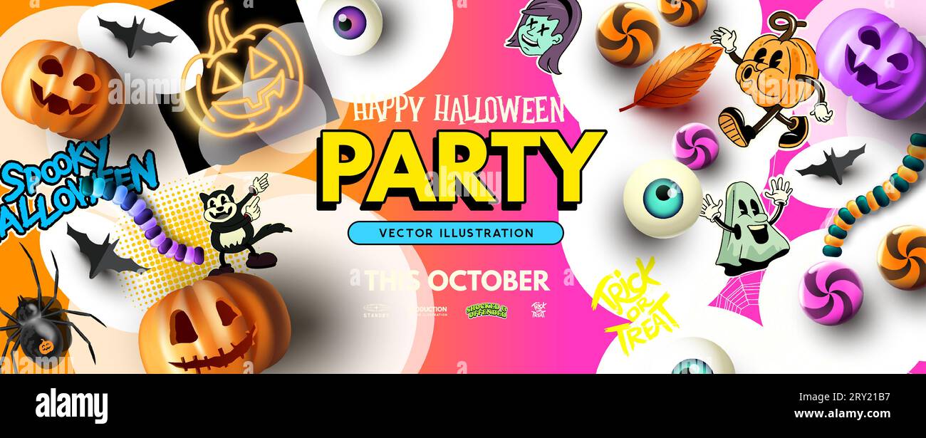 Joyeux Halloween Fresh party design avec des éléments effrayants et des décorations. Illustration vectorielle. Illustration de Vecteur