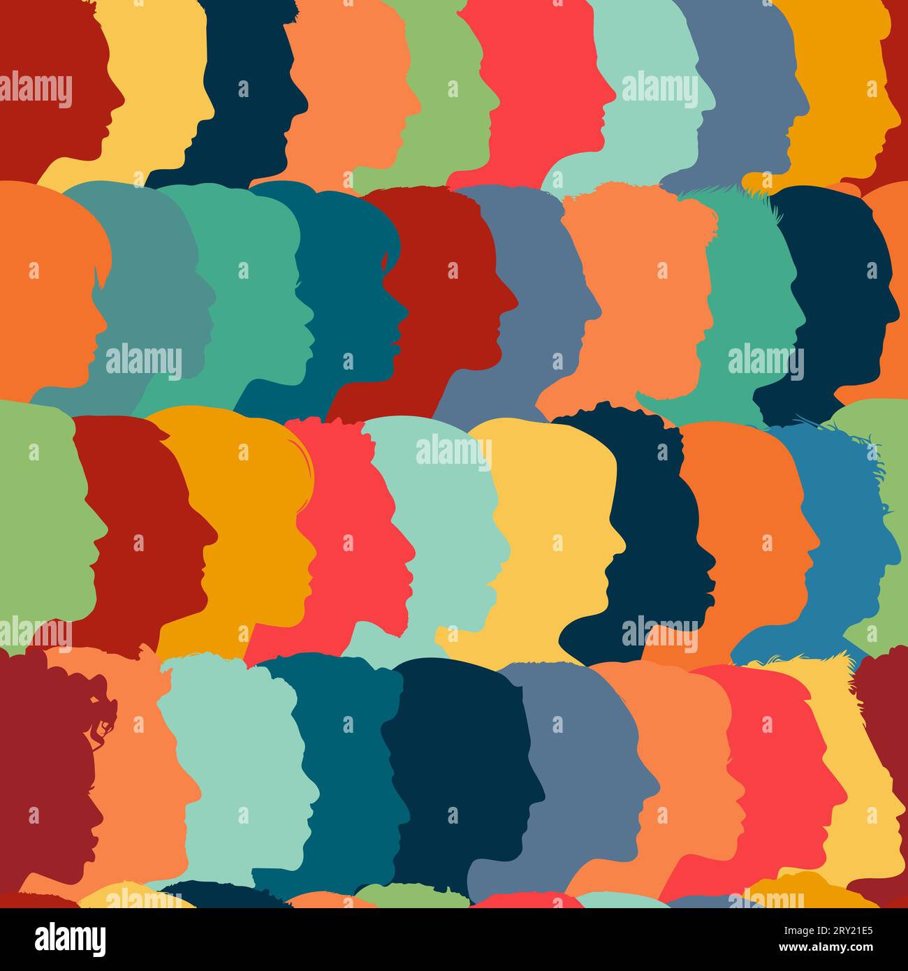 Carré sans couture de têtes colorées regardant dans la même direction qu'une texture de société Banque D'Images
