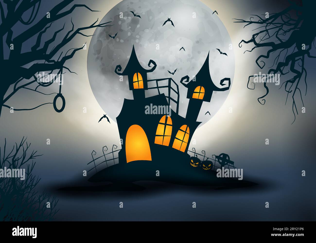 Halloween fond noir et blanc avec nuit effrayante et halloween château hanté Illustration de Vecteur