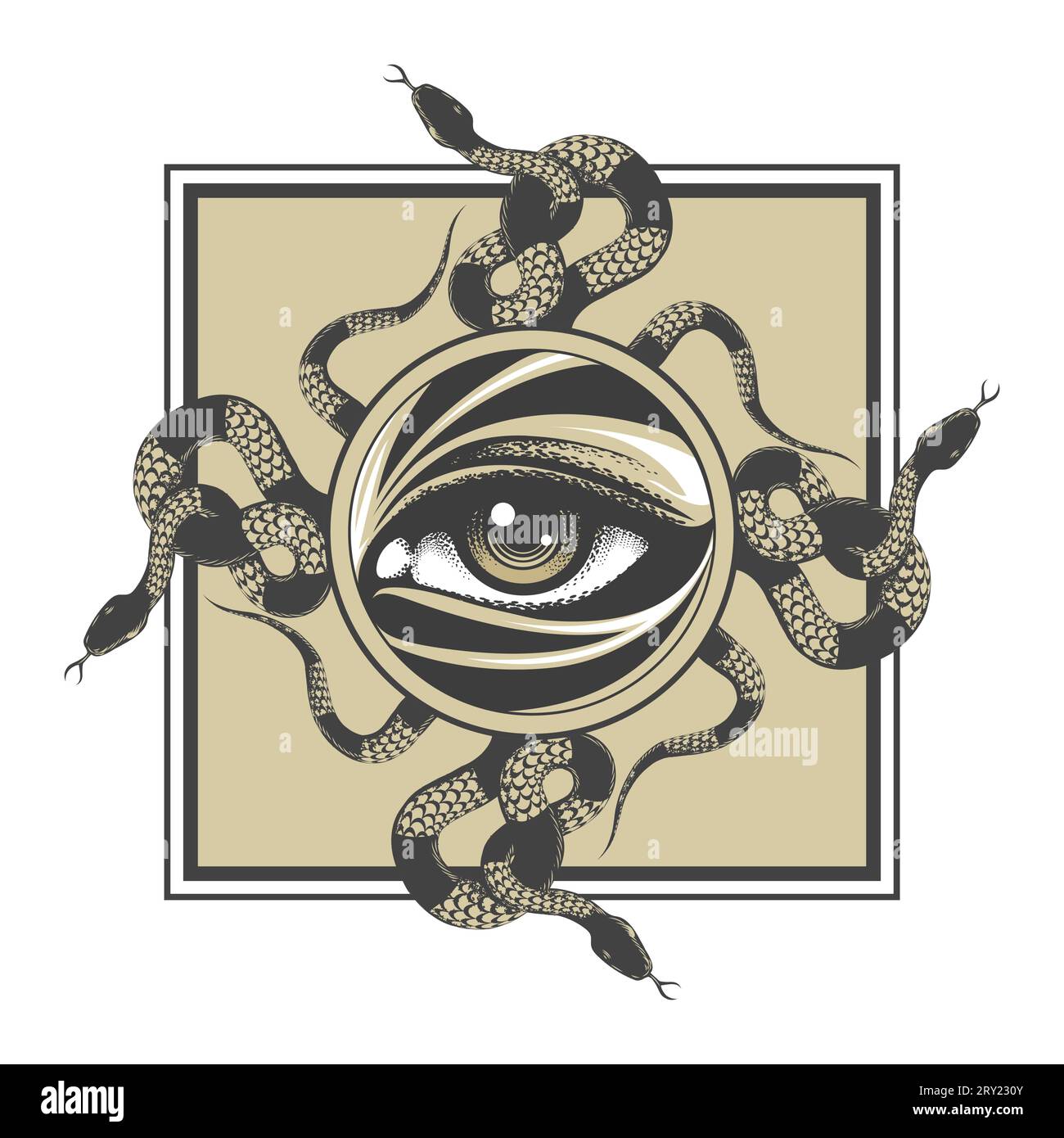 Emblème de tous Seeing Eye et Croix de serpents tatouage occulte ésotérique isolé sur illustration vectorielle blanche Illustration de Vecteur