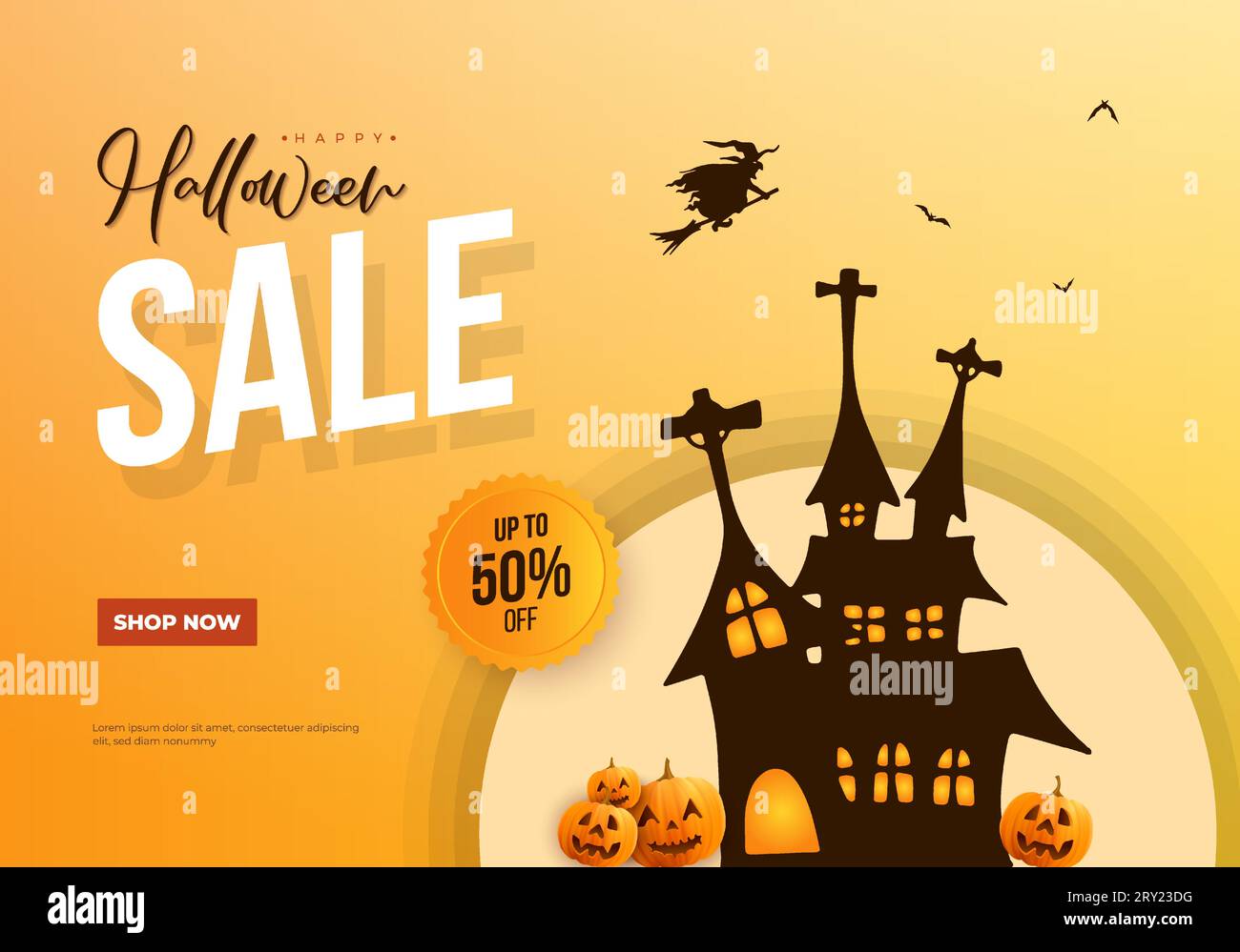 Bonne illustration de bannière de vente halloween avec château hanté et sorcière volante. Étiquette de remise Illustration de Vecteur