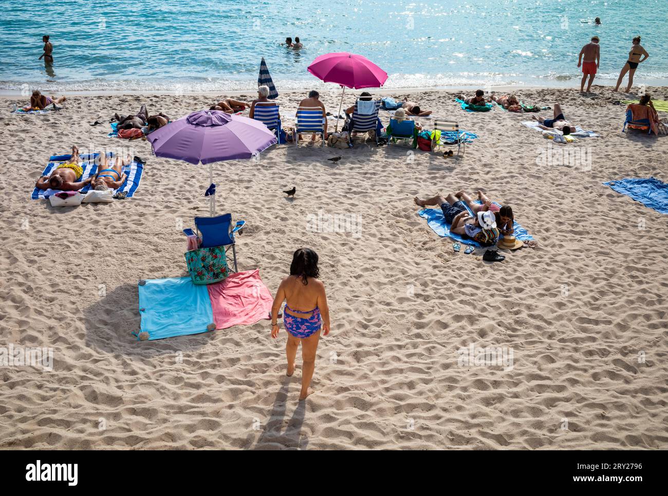 Les gens se détendent sur la plage publique de Zamenhof en fin d'après-midi à Cannes, dans le sud de la France. Banque D'Images