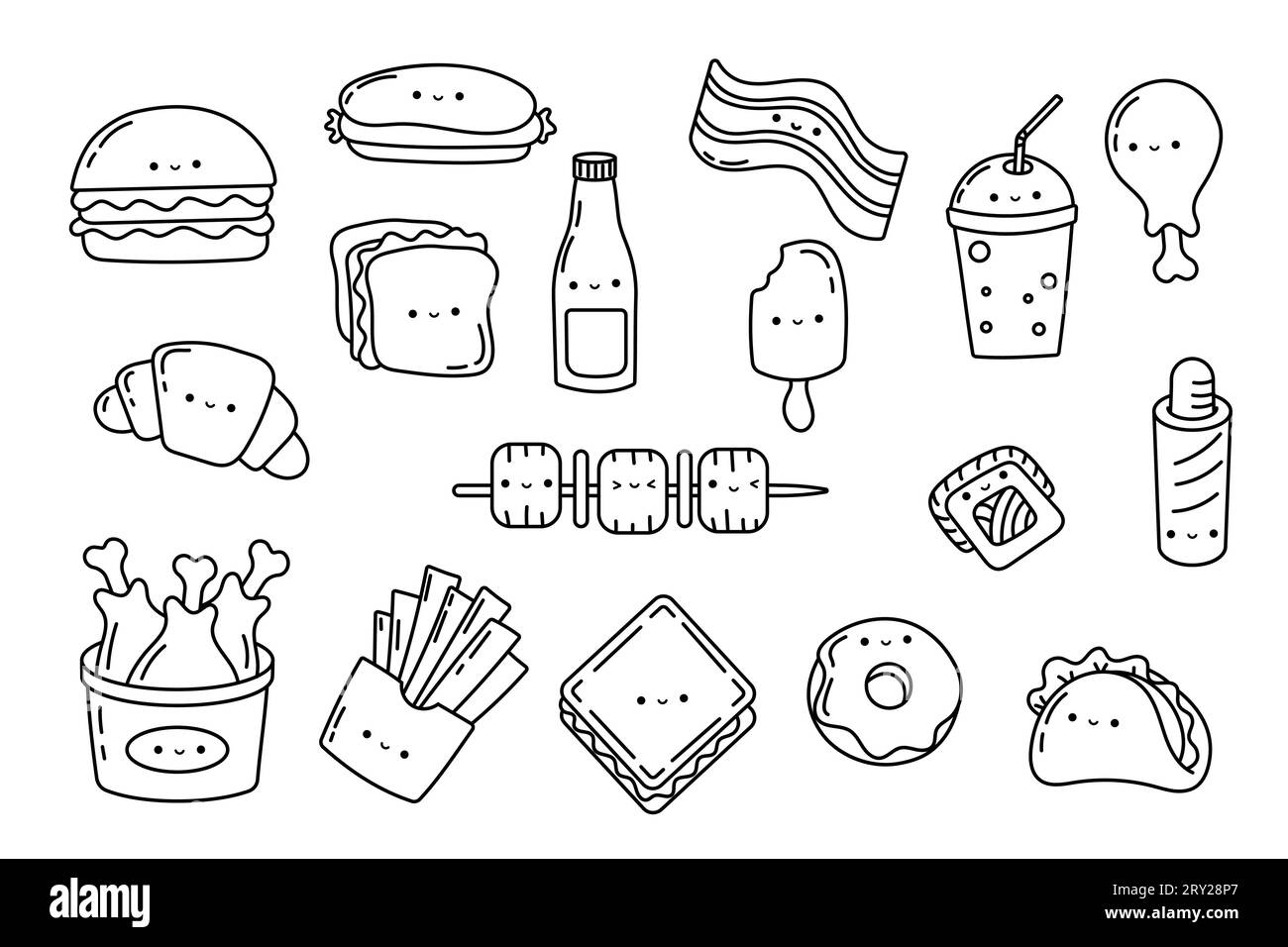 Mettez en place la page de coloriage des autocollants Kawaii pour les repas rapides. Collection Cute Kawaii Fast Food illustrations Outline. Illustration de Vecteur