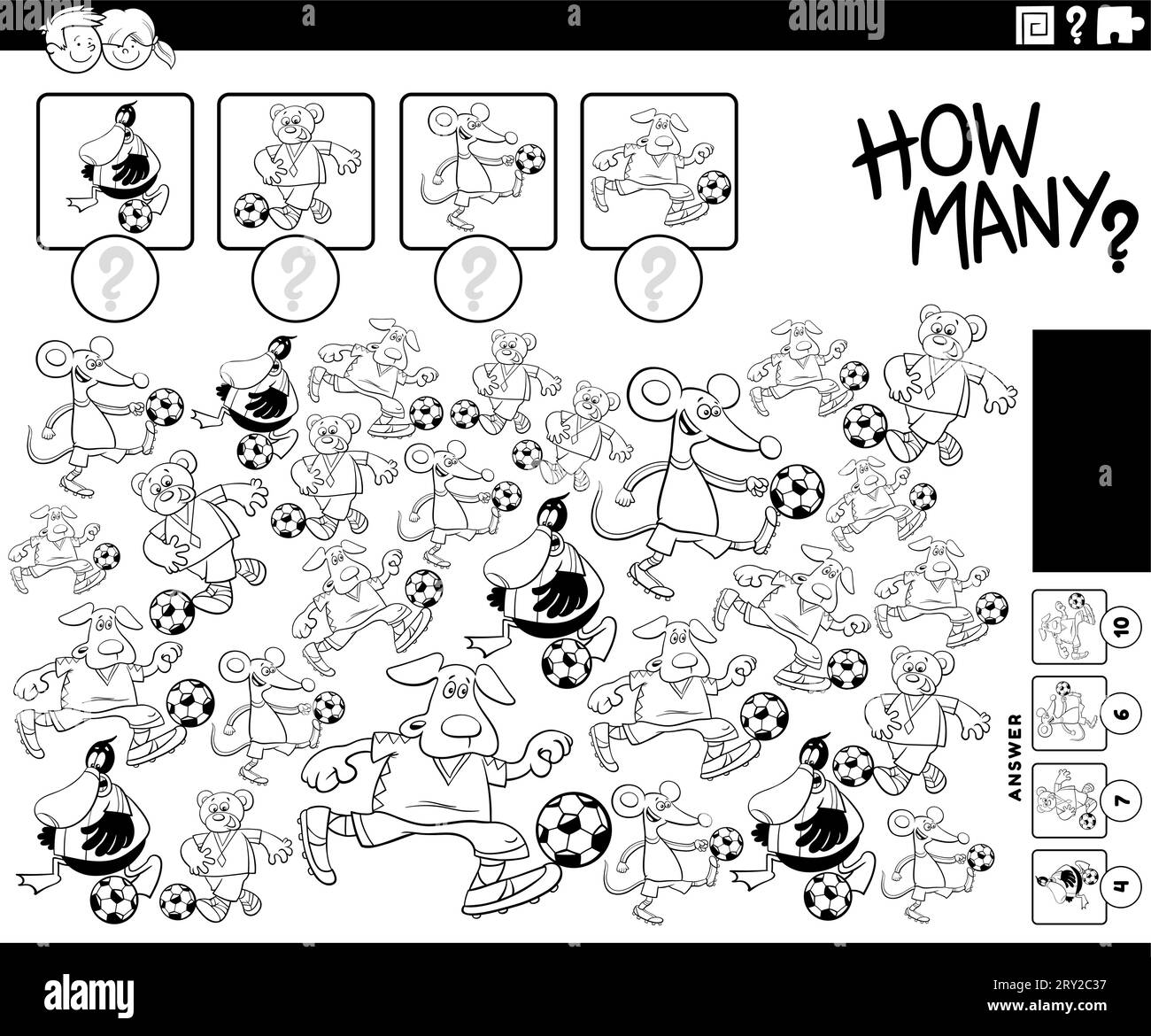 Illustration en noir et blanc de l'activité éducative de comptage avec des personnages animaux de bande dessinée jouant à la page de coloriage de football Illustration de Vecteur