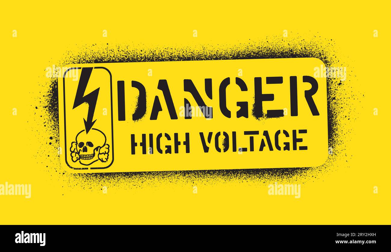 Crâne, panneau haute tension et citation d'avertissement DANGER. Pochoir graffiti noir en spray. Fond jaune. Illustration de Vecteur