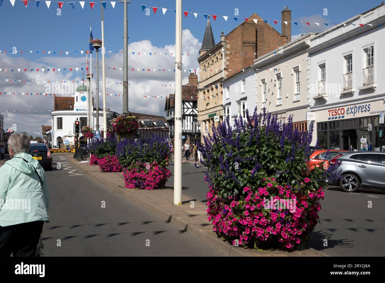 Superbes expositions florales publiques célébrant Stratford in Bloom et inspirées par Plantscape sur une exposition publique dans les rues de Stratford sur Avon Royaume-Uni Banque D'Images