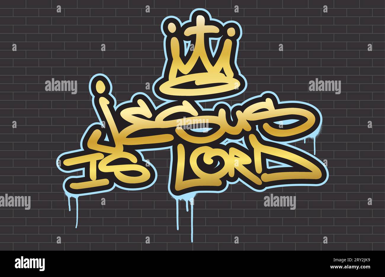 Étiquette graffiti en spray religieux ''Jesus is Lord'' avec couronne stylisée. Typographie de lettrage à la main. Fond de mur de brique noire. Illustration de Vecteur