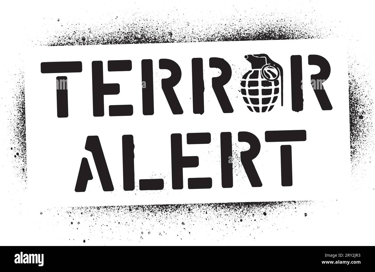 Message d'avertissement ''alerte terreur'' et silhouette de grenade à main. Pochoir graffiti en spray. Illustration de Vecteur