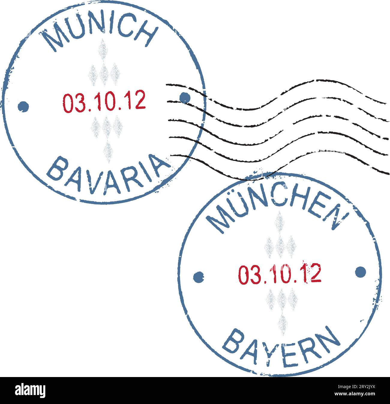 2 timbres grunge ''Munich - Bavière''. Citation anglaise et allemande. Fond blanc. Illustration de Vecteur